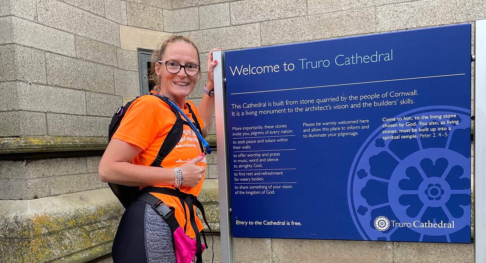 Anne Evans pictured outside Truro Cathedral after having completed her mammoth fundraising challenge for Cancer Research UK