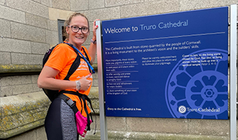 Anne Evans pictured outside Truro Cathedral after having completed her mammoth fundraising challenge for Cancer Research UK